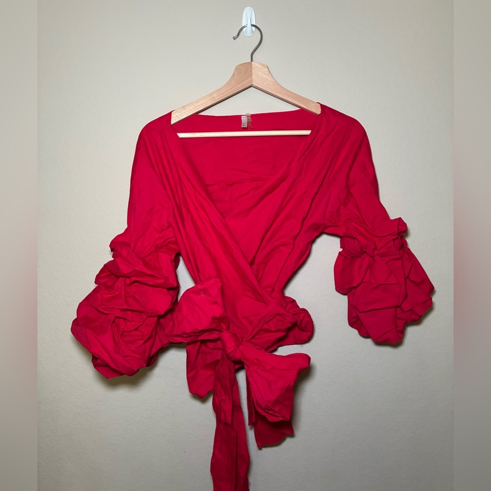 Women’s Kaktus Large Red Wrap around Ruffle long sleeve top
